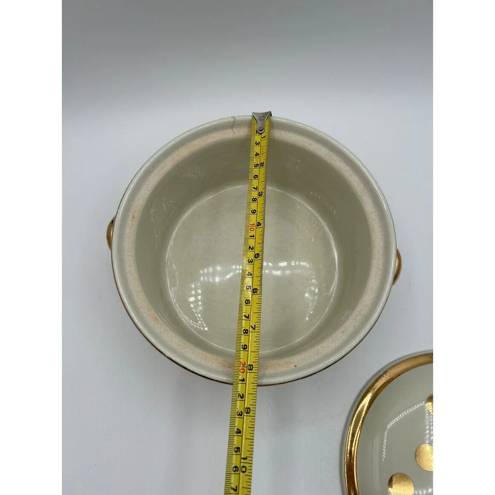Hall China Casserole Dish Ivory Gold Dot Covered Round Lidded Bowl Vintage